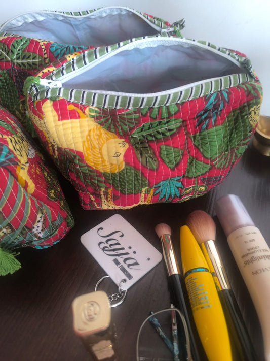 Hand Block Printed Cotton Quilted Floral Toiletry Bag 3 Piece Combo Set Waterproof Traveller Cosmetic Bags Travel Toiletry Kit