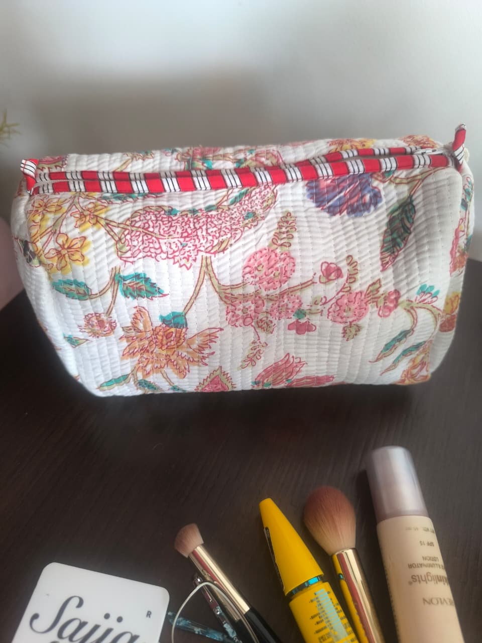 White Floral Hand block printed cotton pouch - Set of 3