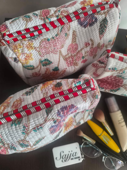 White Floral Hand block printed cotton pouch - Set of 3