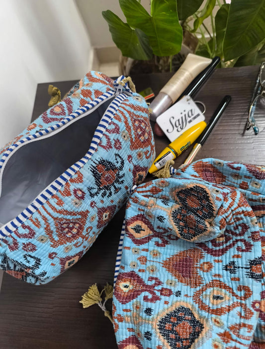 Set of 3 cosmetic bag/pouches with waterproof lining - Sky Blue floral Pouch