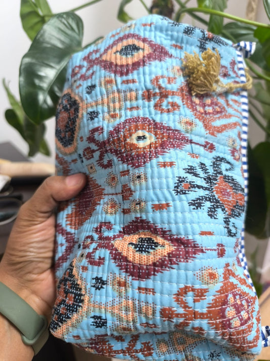 Set of 3 cosmetic bag/pouches with waterproof lining - Sky Blue floral Pouch