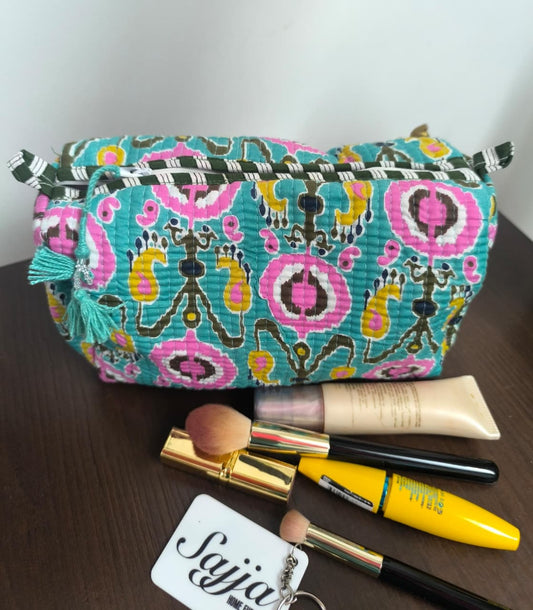 Rama Teal Green hand block printed cotton pouch - Set of 3