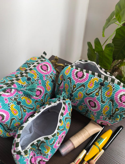 Rama Teal Green hand block printed cotton pouch - Set of 3