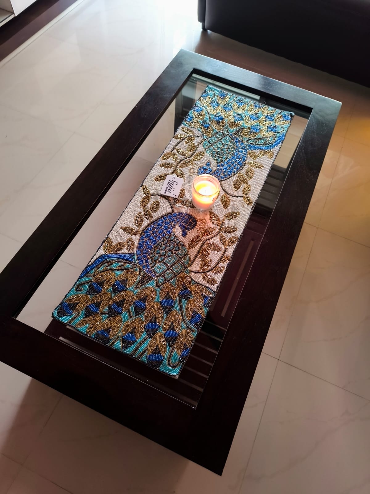 Royal Heritage Exquisite Multicolour Blue Peacock Handmade Beaded Table Runner