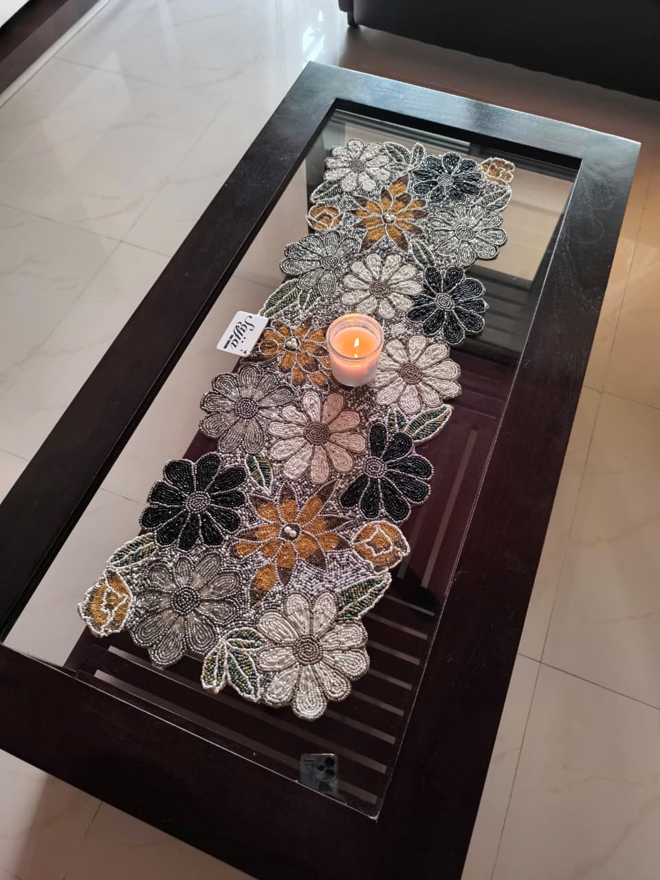 Sajja Enchanted Handmade Grey Gold Silver Decorative Festive Beaded Table Runner
