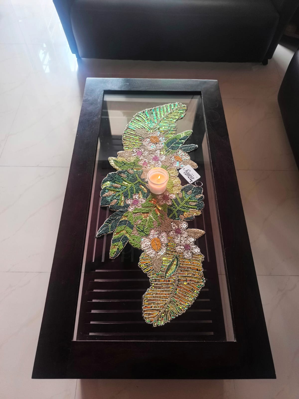 Butterflies And Leaves Mint Green  Beaded Table Runner Home Decor