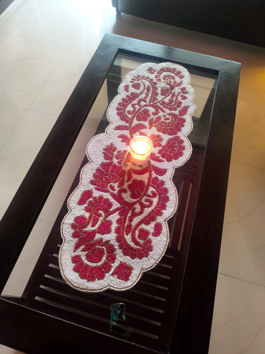 Royal Luxurious Mughal Intricately worked Beaded Table Runner Red N White