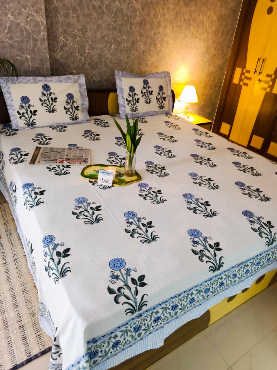 Buy Premium South Cotton Mughal Floral Hand block Double Bedsheet King 9 feet x 9 feet