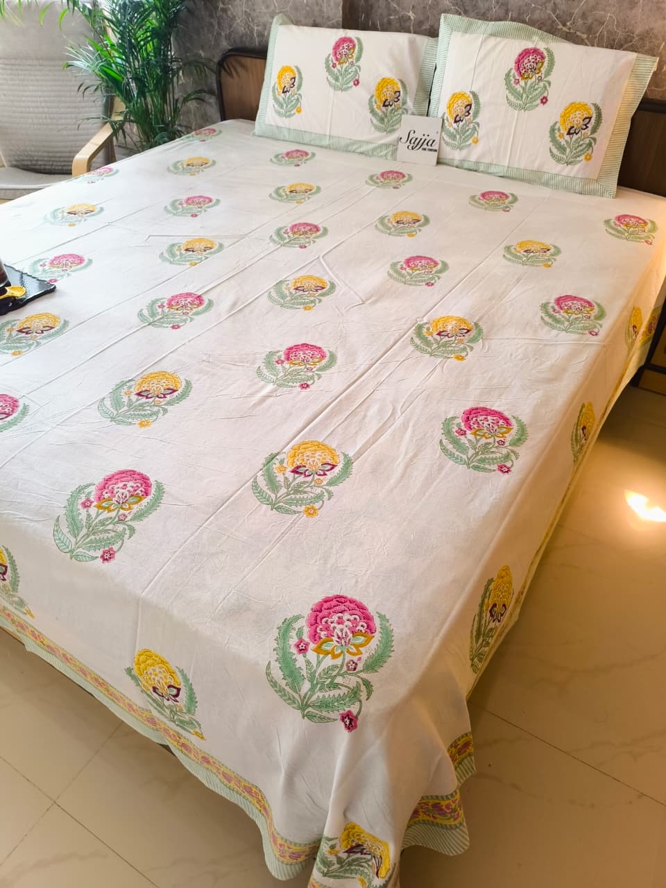 Designer Phool Hand block Premium Cotton King Bedsheet 9 x 9 feet