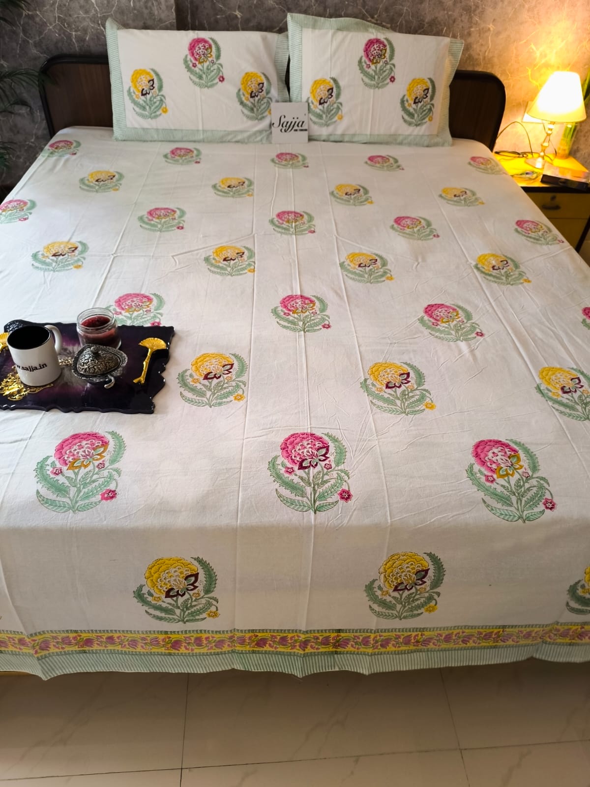 Designer Phool Hand block Premium Cotton King Bedsheet 9 x 9 feet