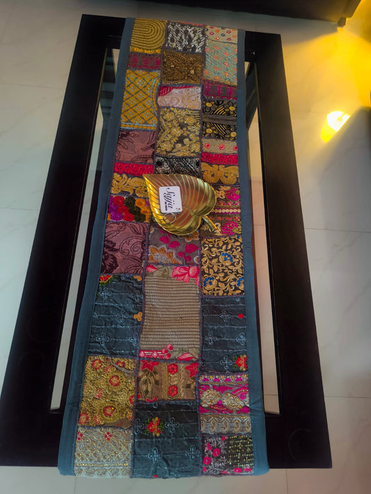 Grey Handmade Embroidered Patchwork Multicolor Cotton Table Runner
