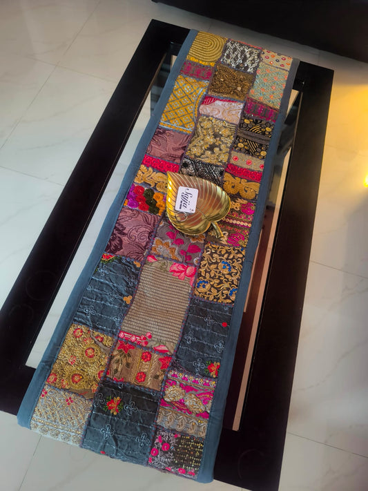 Grey Handmade Embroidered Patchwork Multicolor Cotton Table Runner