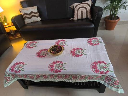Buy Centre Table Hand block Floral Pink Phool Green Table Cover - 40 x 60 inches -2 Seater Table Cover