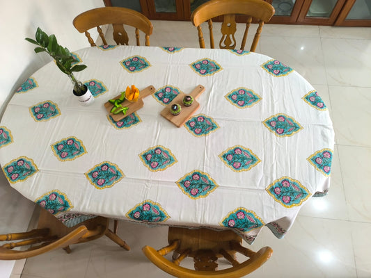 Floral Sea Green Pure Cotton Hand Block Six Seater Table Cloth | Smaller 8 Seater