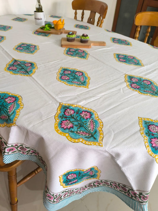 Floral Sea Green Pure Cotton Hand Block Six Seater Table Cloth | Smaller 8 Seater
