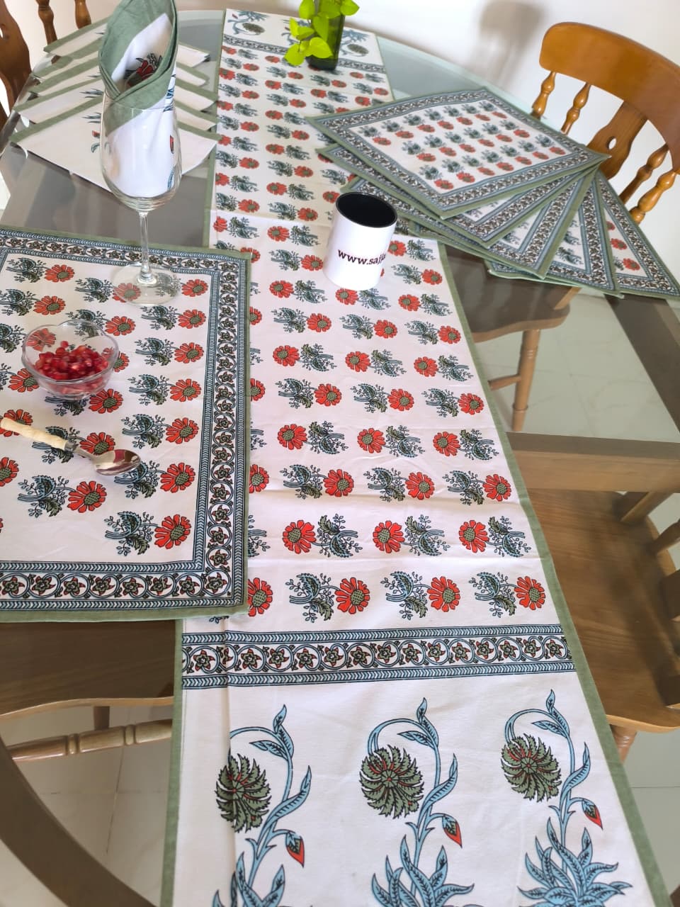 Sajja Handblock Table Linen Set  Dahlia floral  Green , Set of 13- Table Runner, 6 Table Mats , 6 napkins