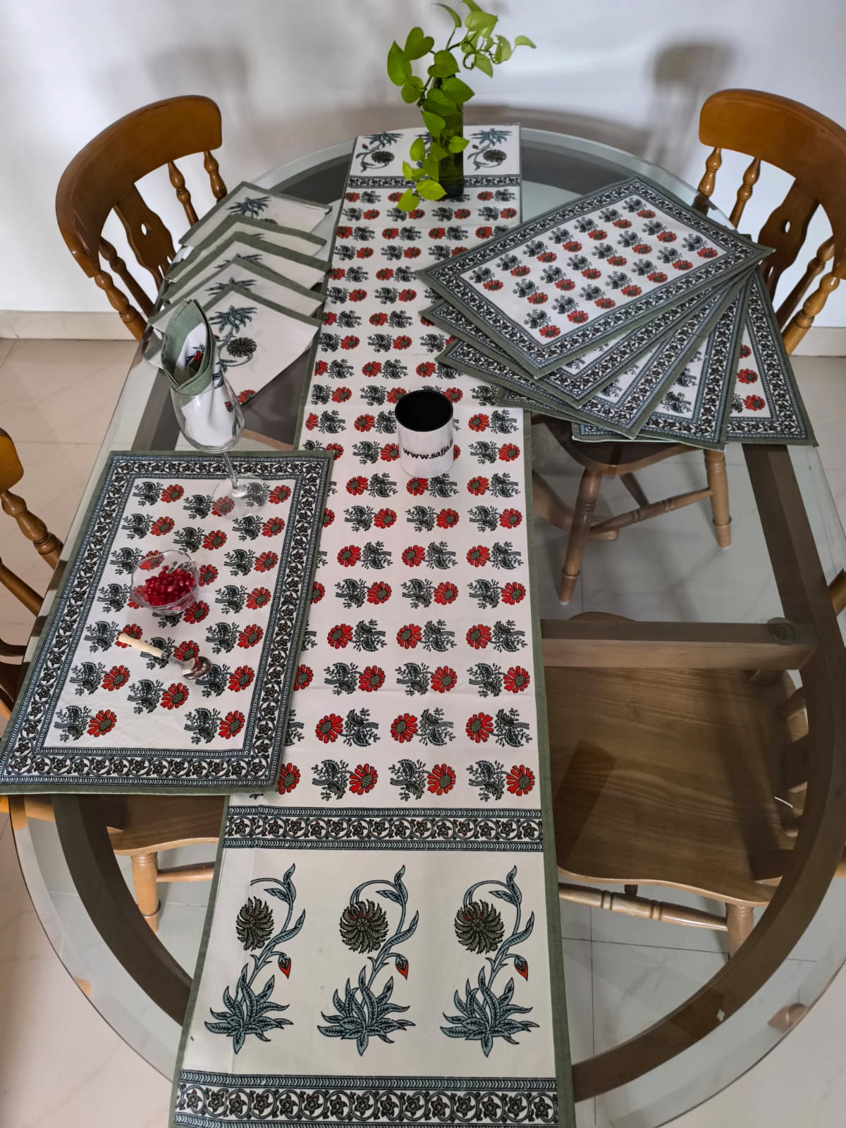 Sajja Handblock Table Linen Set  Dahlia floral  Green , Set of 13- Table Runner, 6 Table Mats , 6 napkins