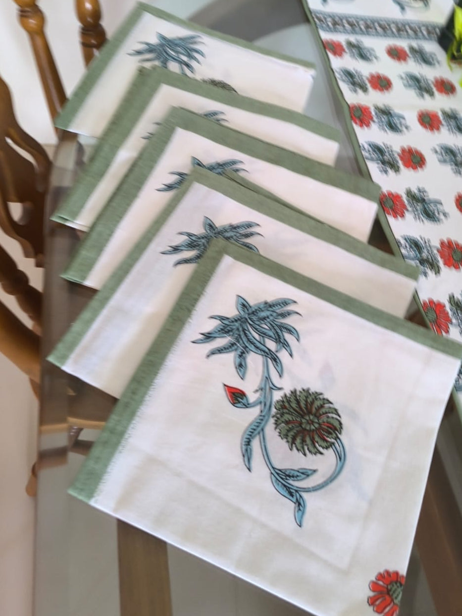 Sajja Handblock Table Linen Set  Dahlia floral  Green , Set of 13- Table Runner, 6 Table Mats , 6 napkins