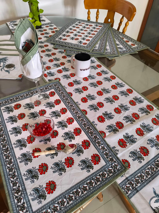 Sajja Handblock Table Linen Set  Dahlia floral  Green , Set of 13- Table Runner, 6 Table Mats , 6 napkins