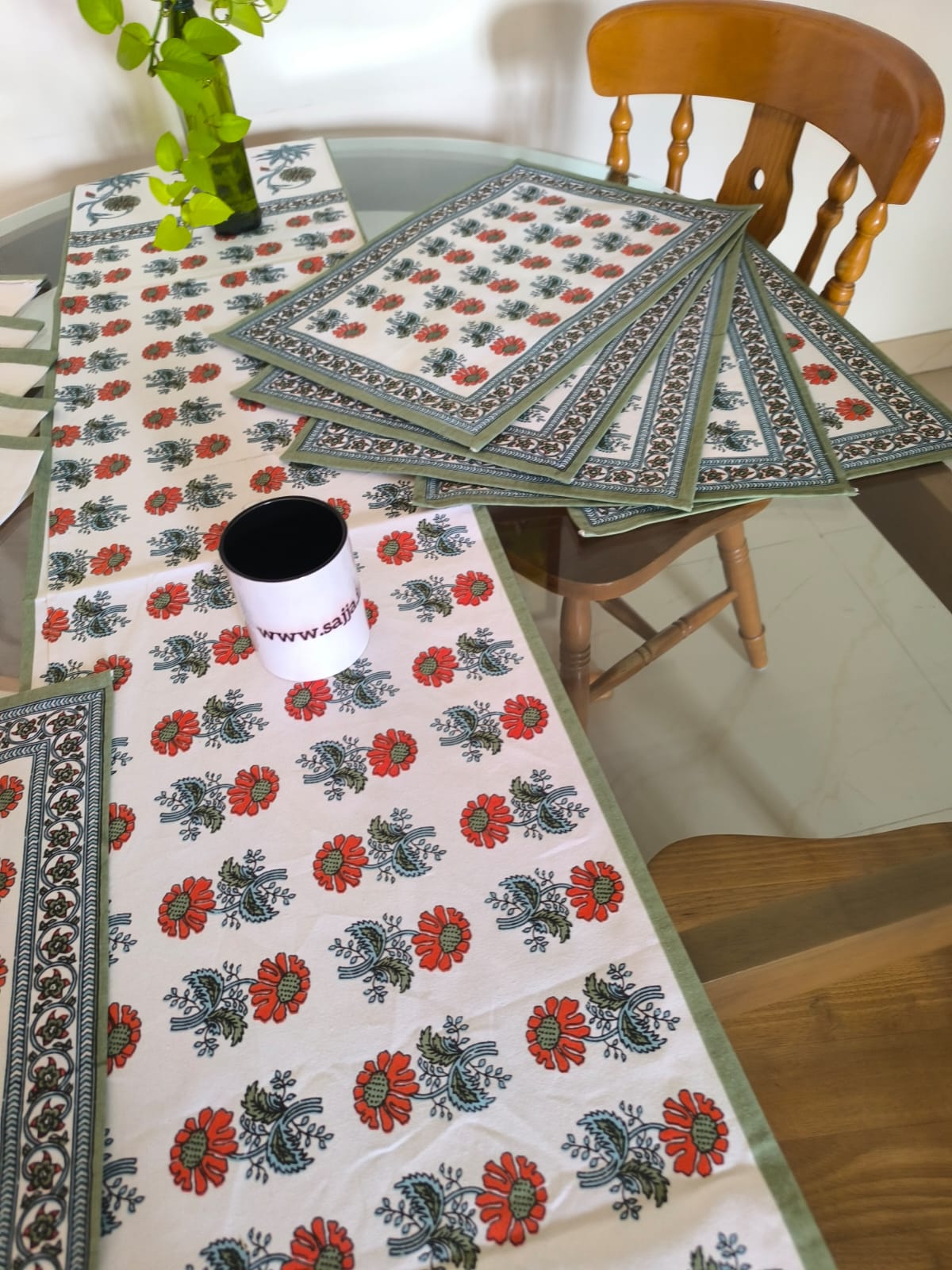 Sajja Handblock Table Linen Set  Dahlia floral  Green , Set of 13- Table Runner, 6 Table Mats , 6 napkins