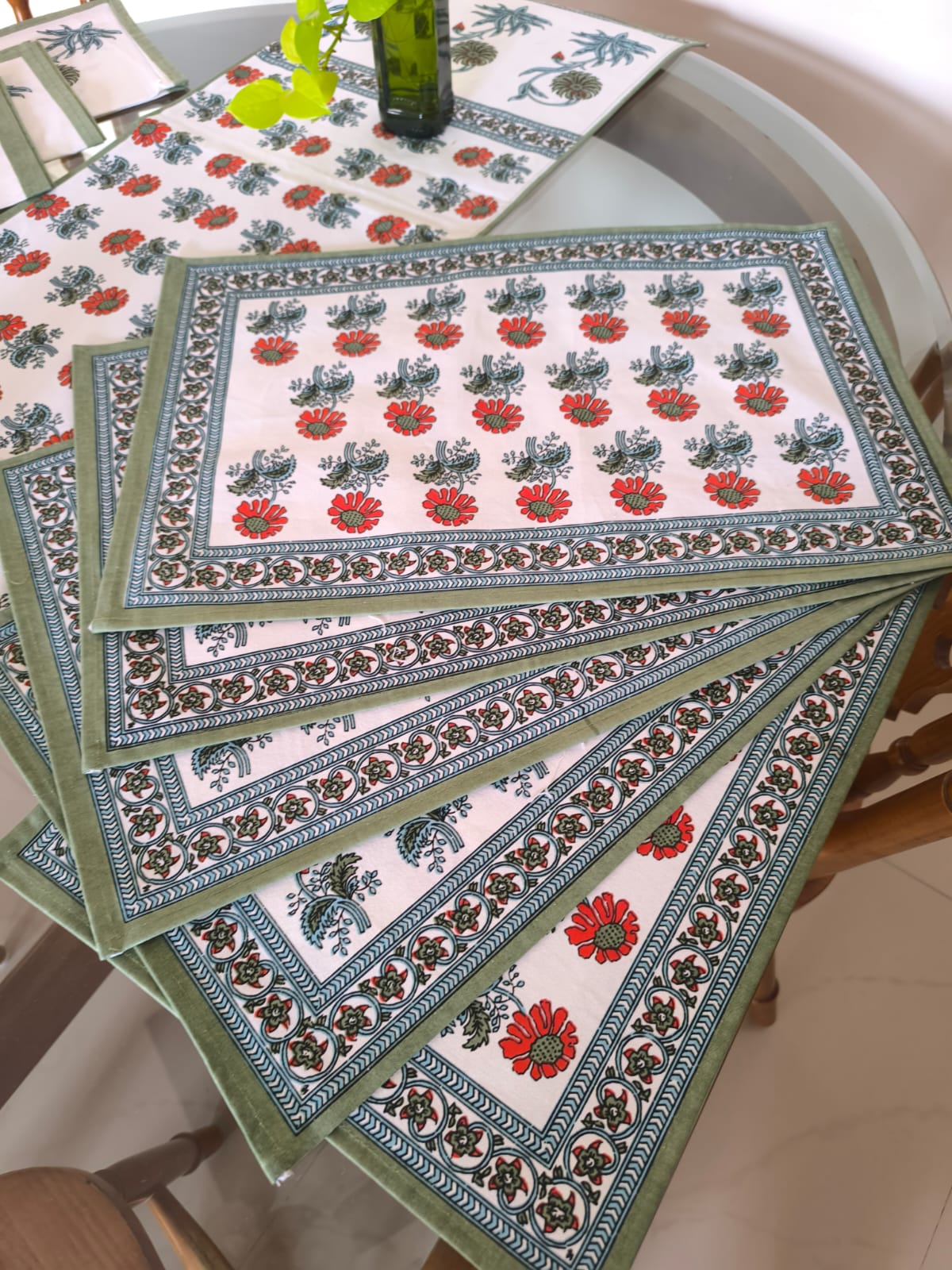 Sajja Handblock Table Linen Set  Dahlia floral  Green , Set of 13- Table Runner, 6 Table Mats , 6 napkins