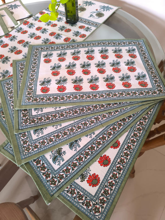 Sajja Handblock Table Linen Set  Dahlia floral  Green , Set of 13- Table Runner, 6 Table Mats , 6 napkins
