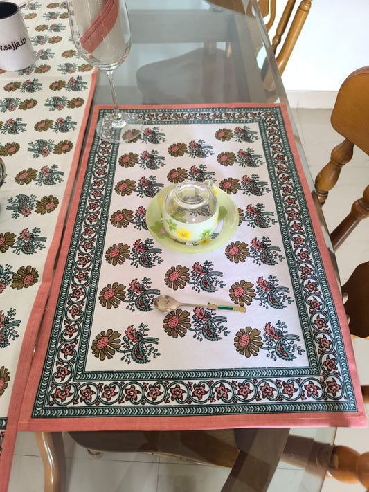 Sajja Handblock Table Linen Set Dahlia floral Peach, Set of 13- Table Runner, 6 Table Mats , 6 napkins (Copy)