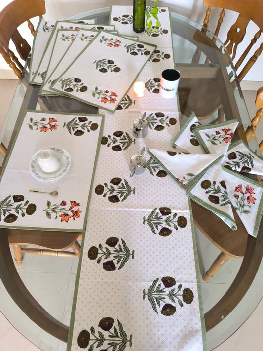 Sajja Handblock Table Linen Set Poppy floral Set of 13- Table Runner, 6 Table Mats , 6 napkins 