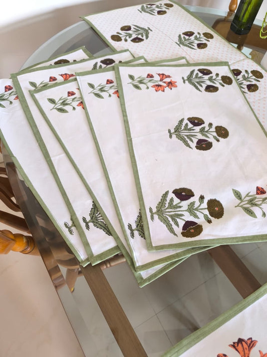 Sajja Handblock Table Linen Set Poppy floral Set of 13- Table Runner, 6 Table Mats , 6 napkins
