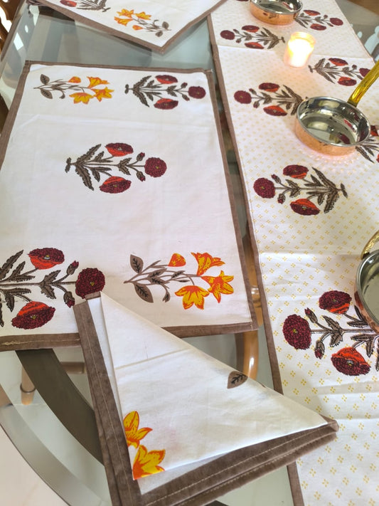 Sajja Handblock Table Linen Set Brown Poppy floral Set of 13- Table Runner, 6 Table Mats , 6 napkins 