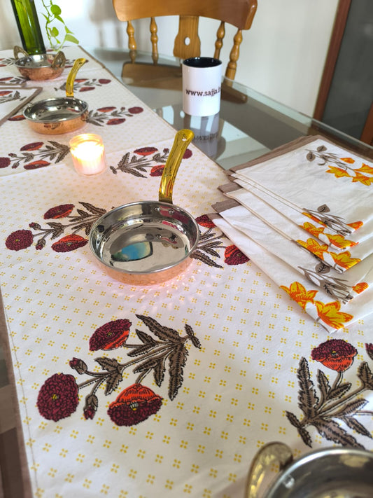 Sajja Handblock Table Linen Set Yellow Poppy floral Set of 13- Table Runner, 6 Table Mats , 6 napkins