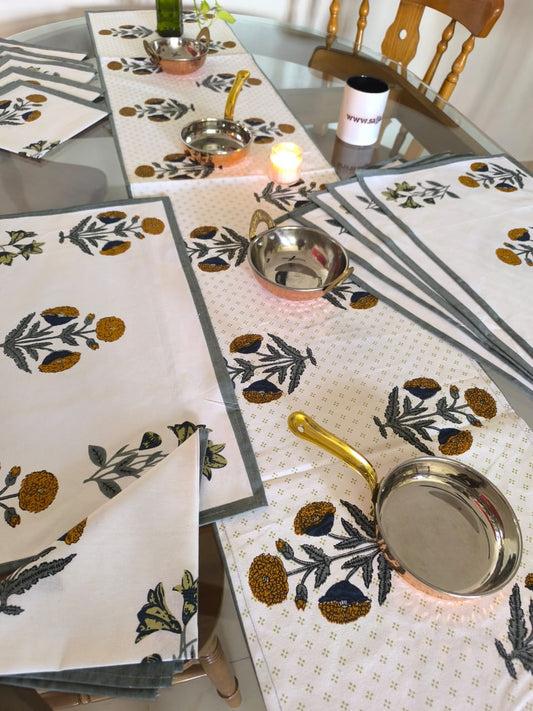Sajja Handblock Table Linen Set Grey Poppy floral Set of 13- Table Runner, 6 Table Mats , 6 napkins 