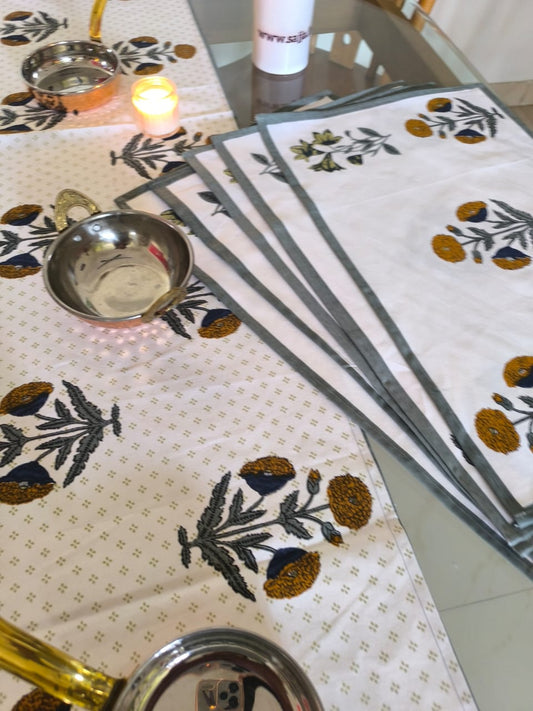 Sajja Handblock Table Linen Set Grey Poppy floral Set of 13- Table Runner, 6 Table Mats , 6 napkins 