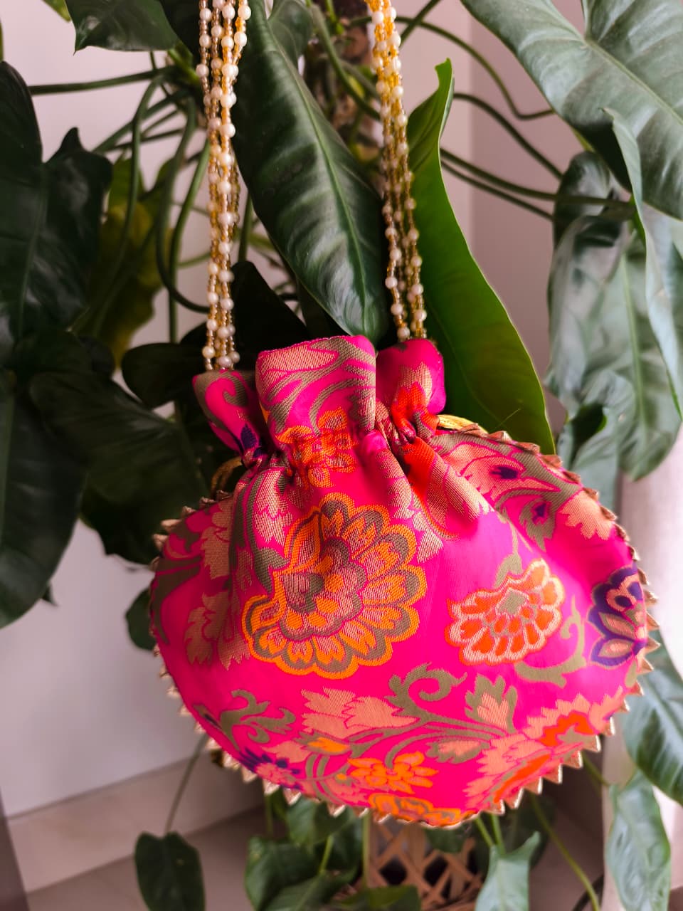 Designer Rani Pink  Brocade Potlis Gift Bags | Handcrafted Potli Bags | Buy Party favors party favors