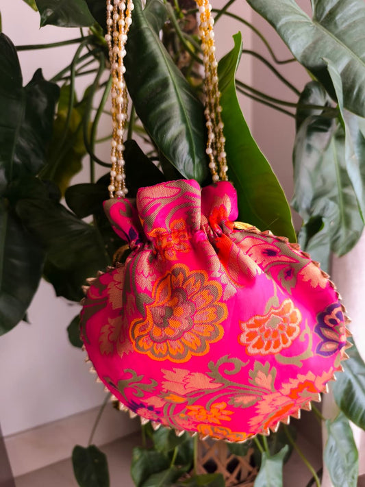 Designer Rani Pink Brocade Potlis Gift Bags | Handcrafted Potli Bags | Buy Party favors party favors