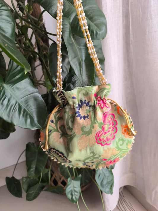 Designer Green Brocade Potlis Gift Bags | Handcrafted Potli Bags | Buy Party favors party favors