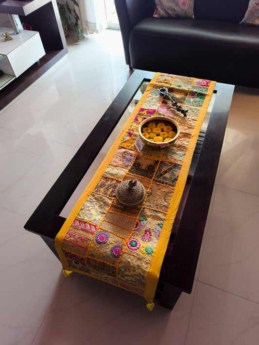 Mango Yellow Ethnic Embroidered Cotton Table Runner (14 x 60 inches)