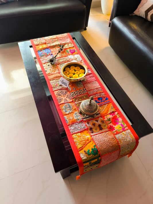 Orange Patchwork Embroidered Cotton Khambadiya Patchwork Table Runner