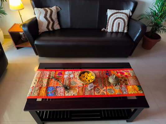 Orange Patchwork Embroidered Cotton Khambadiya Patchwork Table Runner