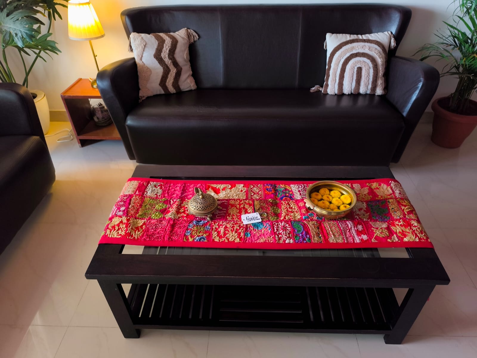 Red Ethnic Embroidered Cotton Table Runner (14 x 60 inches)