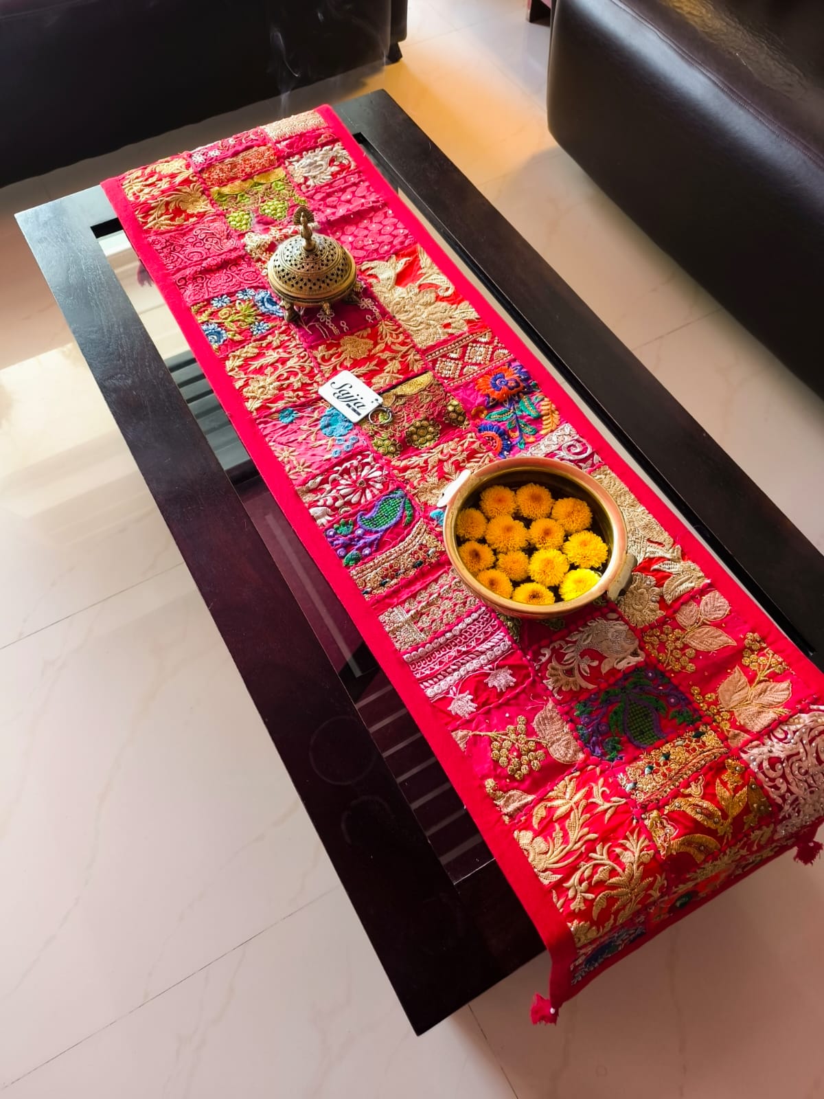 Red Ethnic Embroidered Cotton Table Runner (14 x 60 inches)