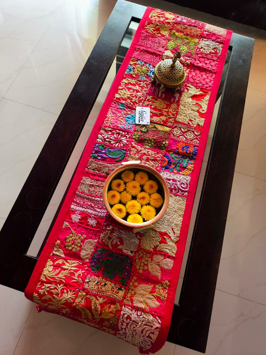 Red Ethnic Embroidered Cotton Table Runner (14 x 60 inches)