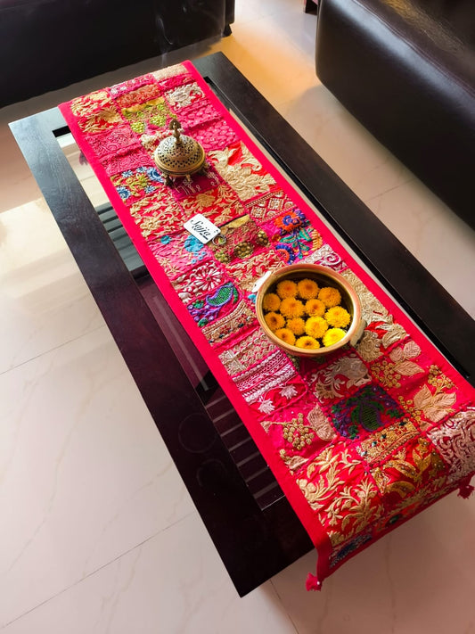Red Ethnic Embroidered Cotton Table Runner (14 x 60 inches)