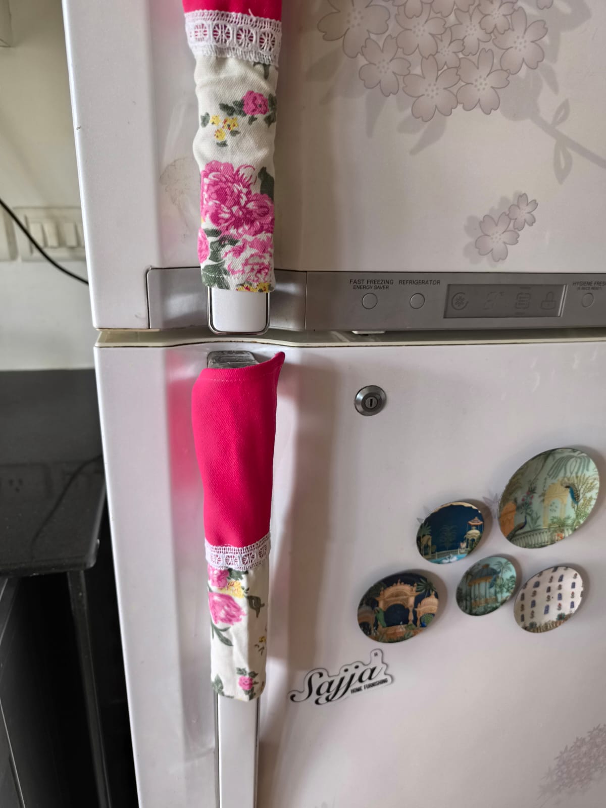 Thick Cotton Cloth Pink Floral White Fridge Handle Covers (Pair)
