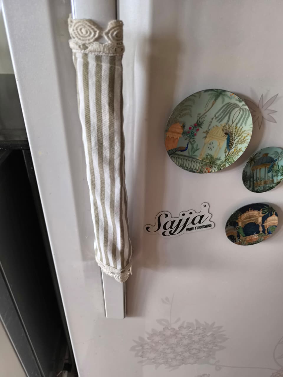 Cotton Moss Green  White Striped Fridge Handle Covers (Pair) with Victorian lace