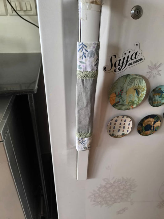 Designer Floral Cotton Fridge Handle Covers (Pair) Green White