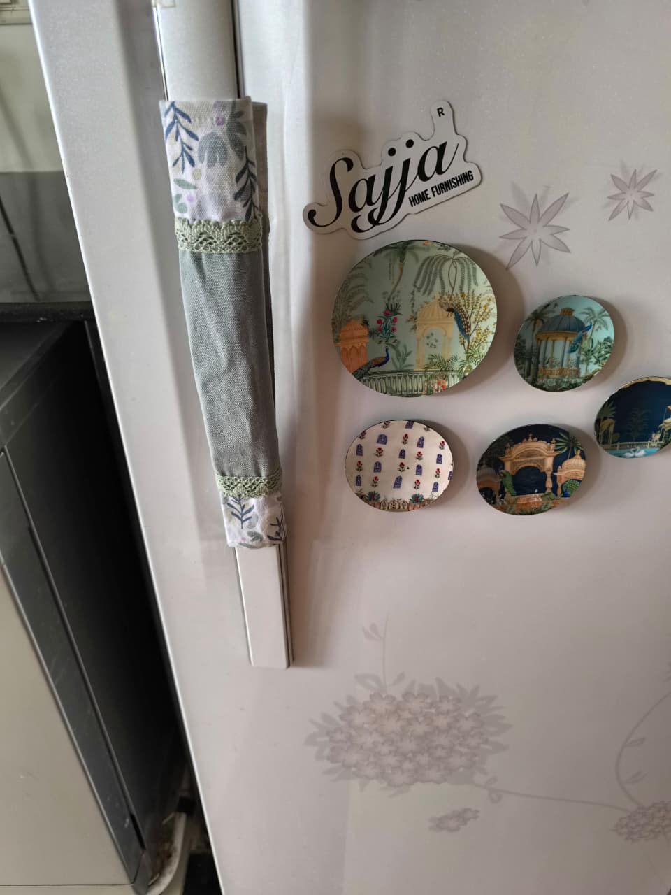 Designer Floral Cotton Fridge Handle Covers (Pair) Green White