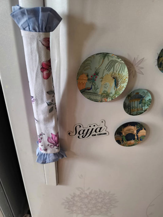 Designer Floral Cotton Fridge Handle Covers (Pair) With Frill