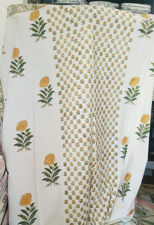 Hand block Printed 100% Cotton Floral Double Bedsheet Yellow White 90 x108 inches