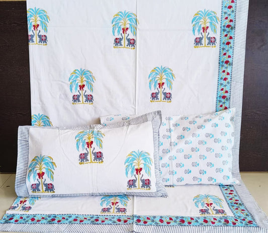 Sajja Hand Block Printed Bedsheet | Pure Cotton | Double Bed Queen Size 90"x108" | 210 TC Bedsheets | Includes 2 Pillow Covers (Hatti )